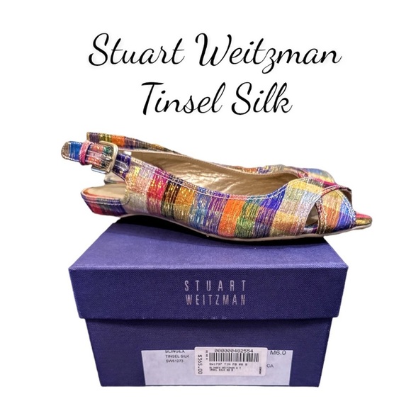 Stuart Weitzman Multicolored Metallic Plaid Tinsel Silk Slingback Shies   Size 6 - Picture 1 of 12